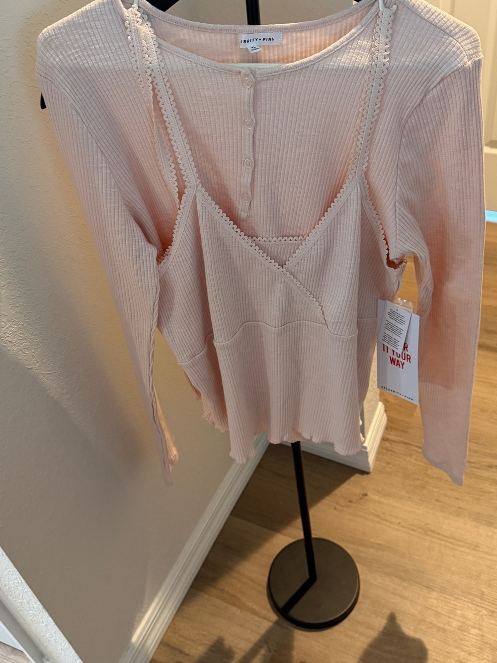 Celebrity Pink Ribbed Lace-Trim Henley 2PC knit Top Set